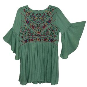 Umgee Dress Womens Medium Green Boho Embroidered Flare Sleeve Festival Tunic Top